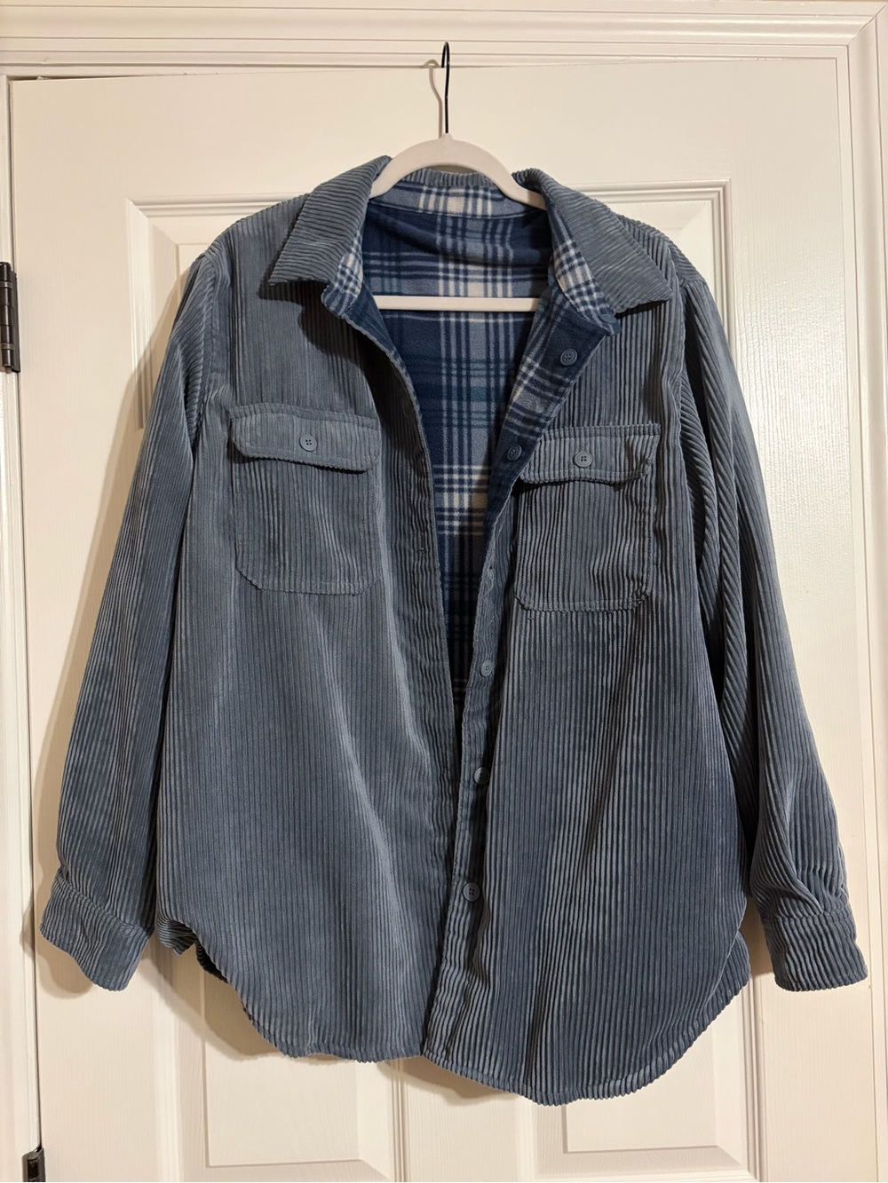 Men's Blue Corduroy Shacket with Plaid Lining